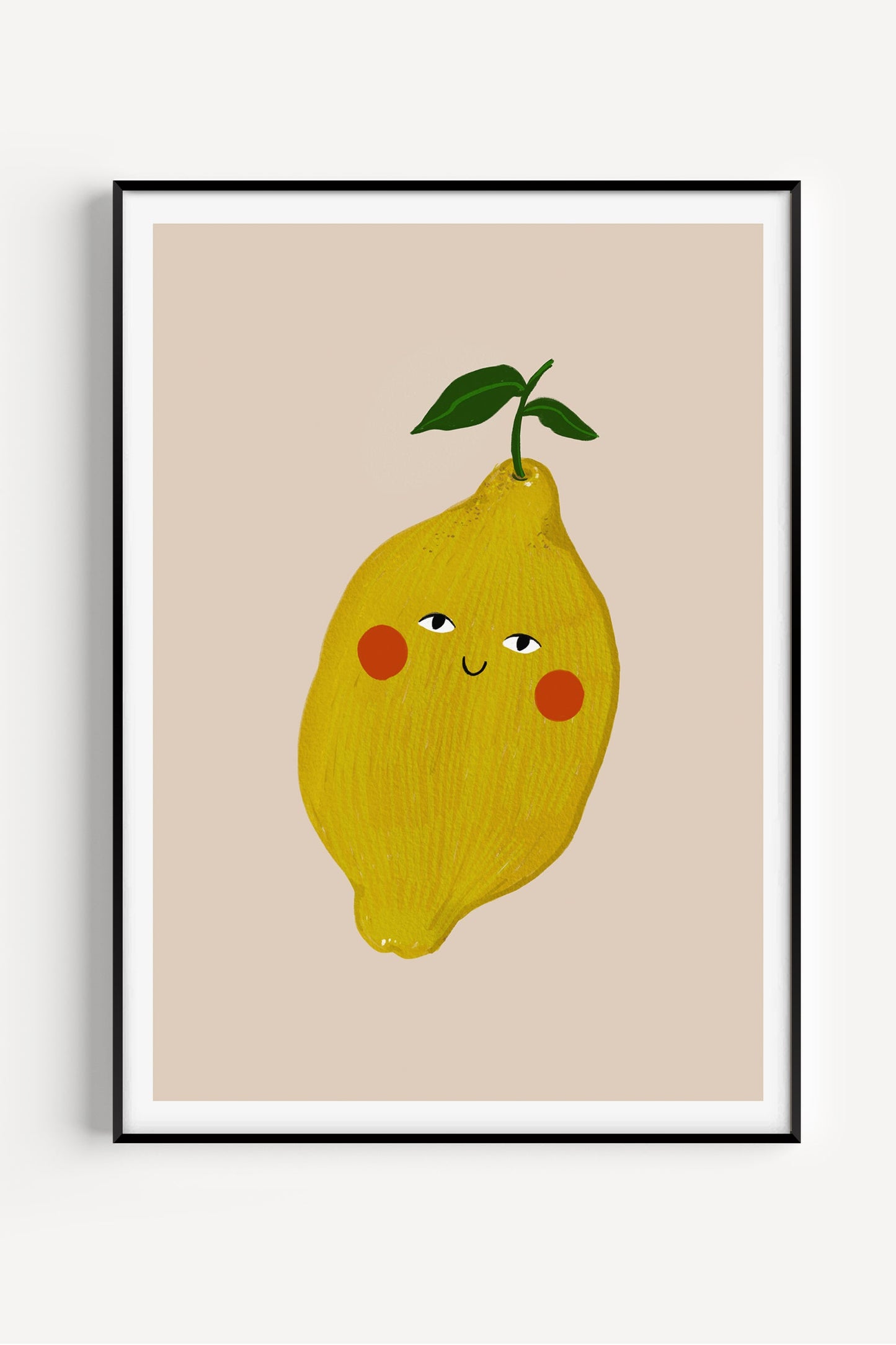 Smiling lemon illustration with rosy cheeks on a light background – cute citrus poster for nursery or kids’ room wall decor