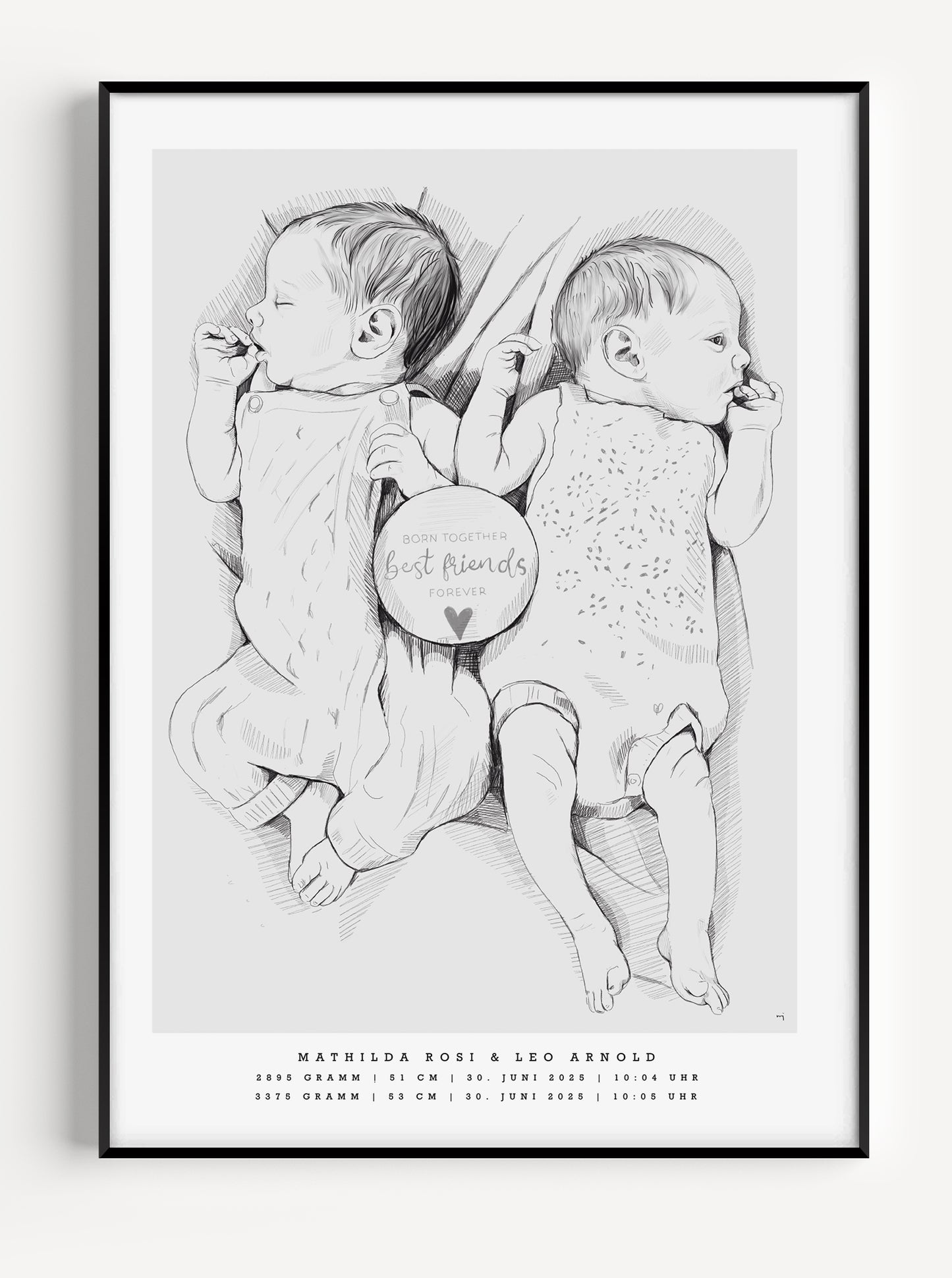 Tvillingar födelsetavla skala 1:1, handritad från fotografi av Tilda med namn och födelsedatum / Twin birth poster 1:1 scale, hand-drawn from photo by Tilda, personalized illustration with names and birth details
