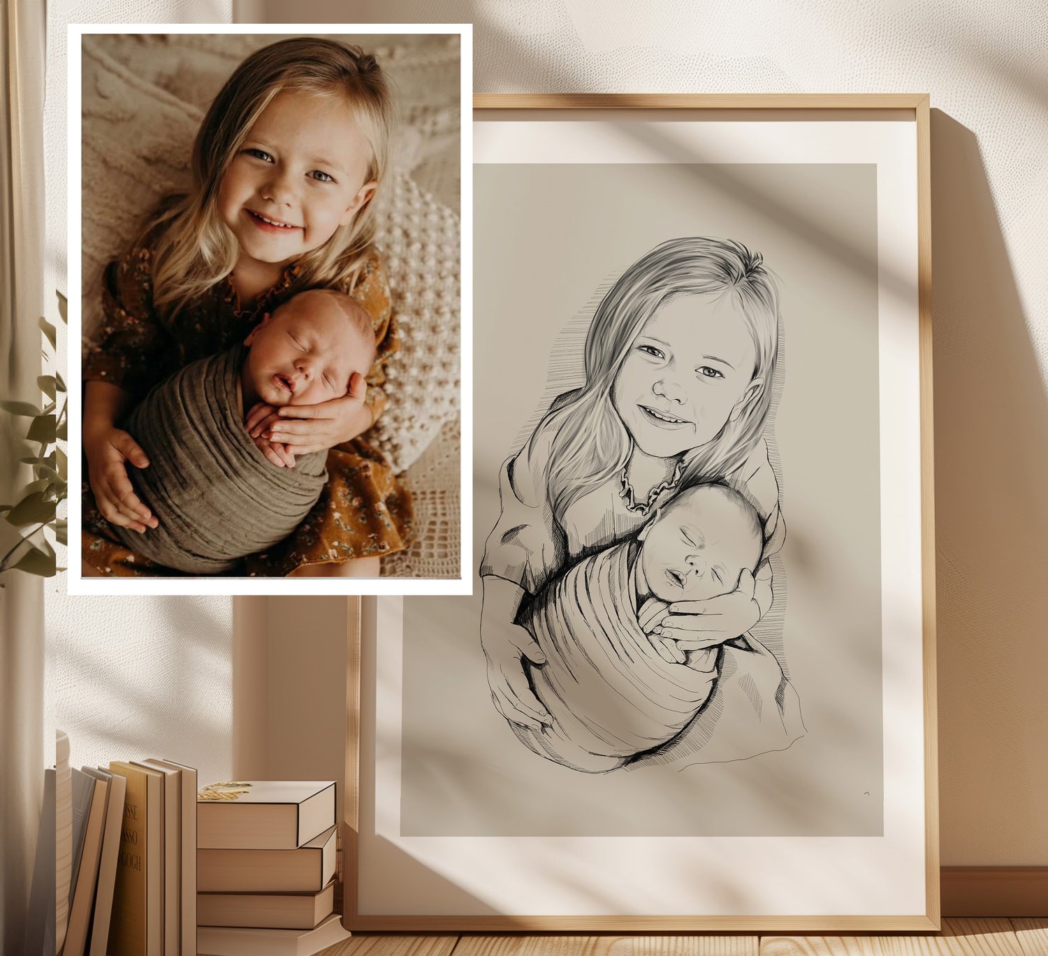 Hand-drawn portrait of two siblings, drawn from a photograph.