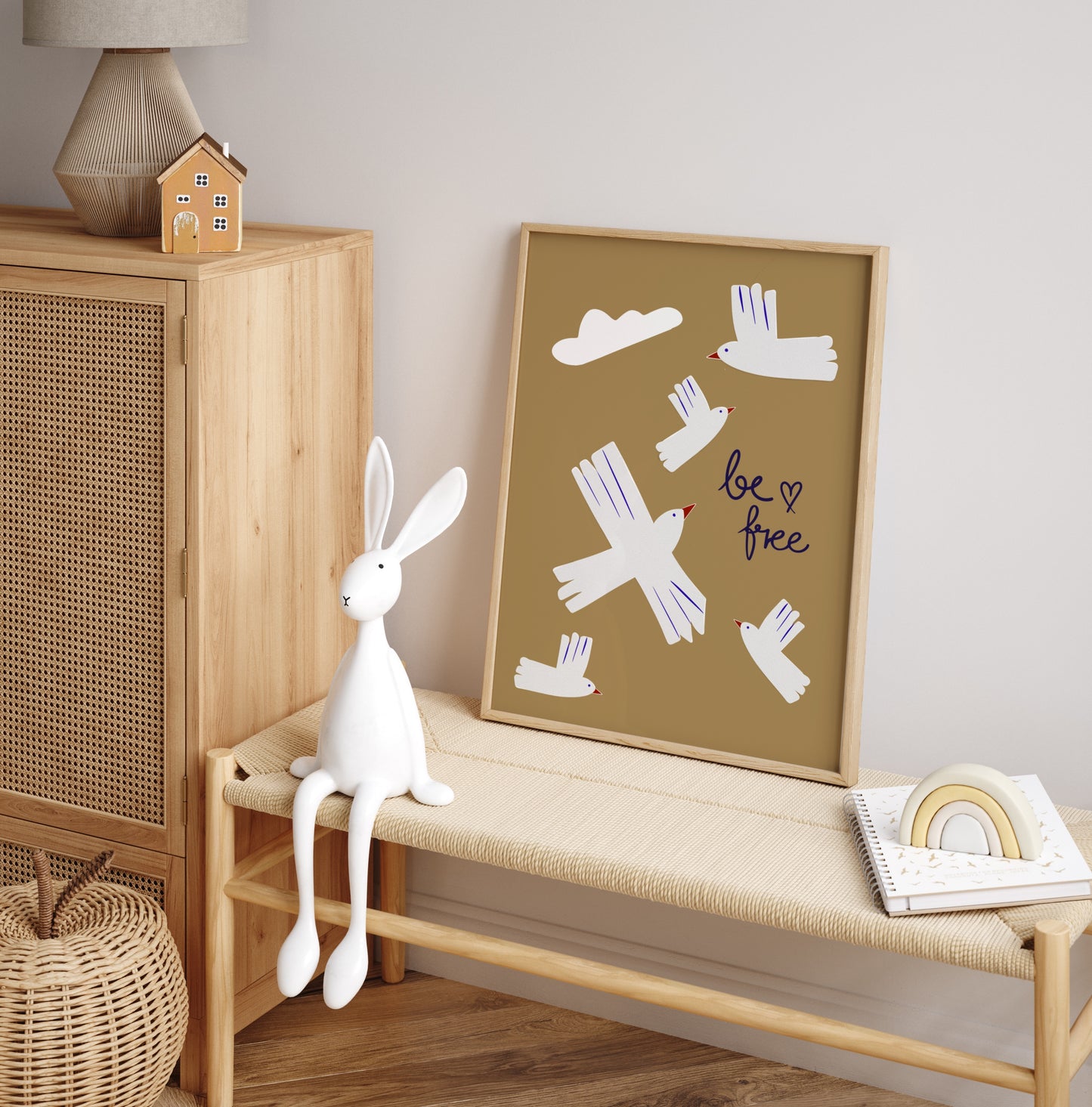 Modern Be Free kids’ room poster featuring quirky flying birds, perfect for a colorful nursery or children’s bedroom.