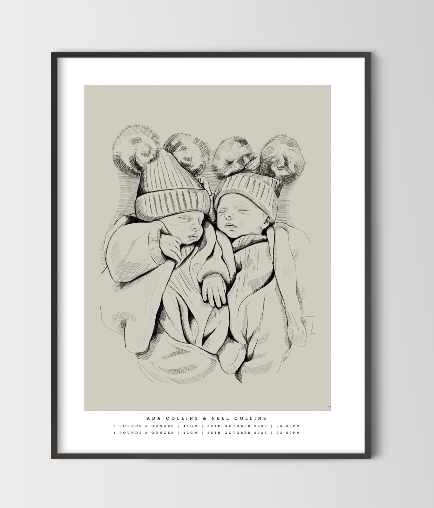 Hand-Drawn Birth Poster - Twins & triplets
