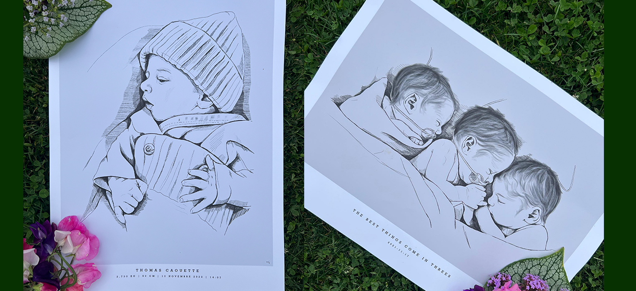 Hand-drawn portraits header banner – personalized baby and sibling illustrations
