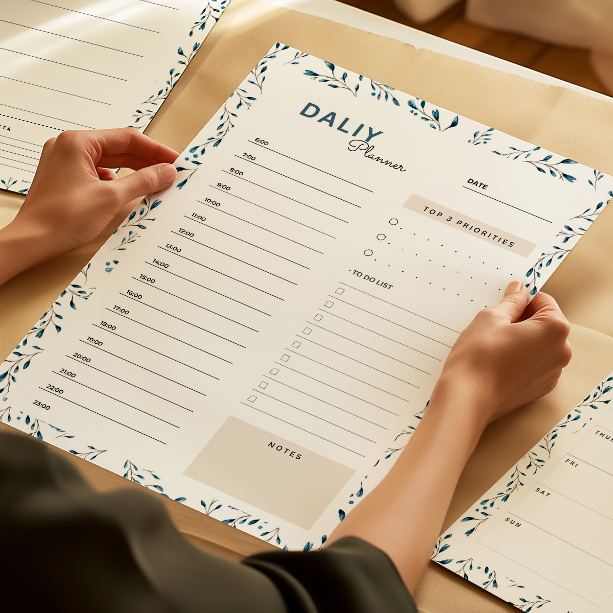Two hands holding a Daily Planner Printable with To-Do List, Goals, and Schedule – digital PDF download for organizing tasks and boosting productivity