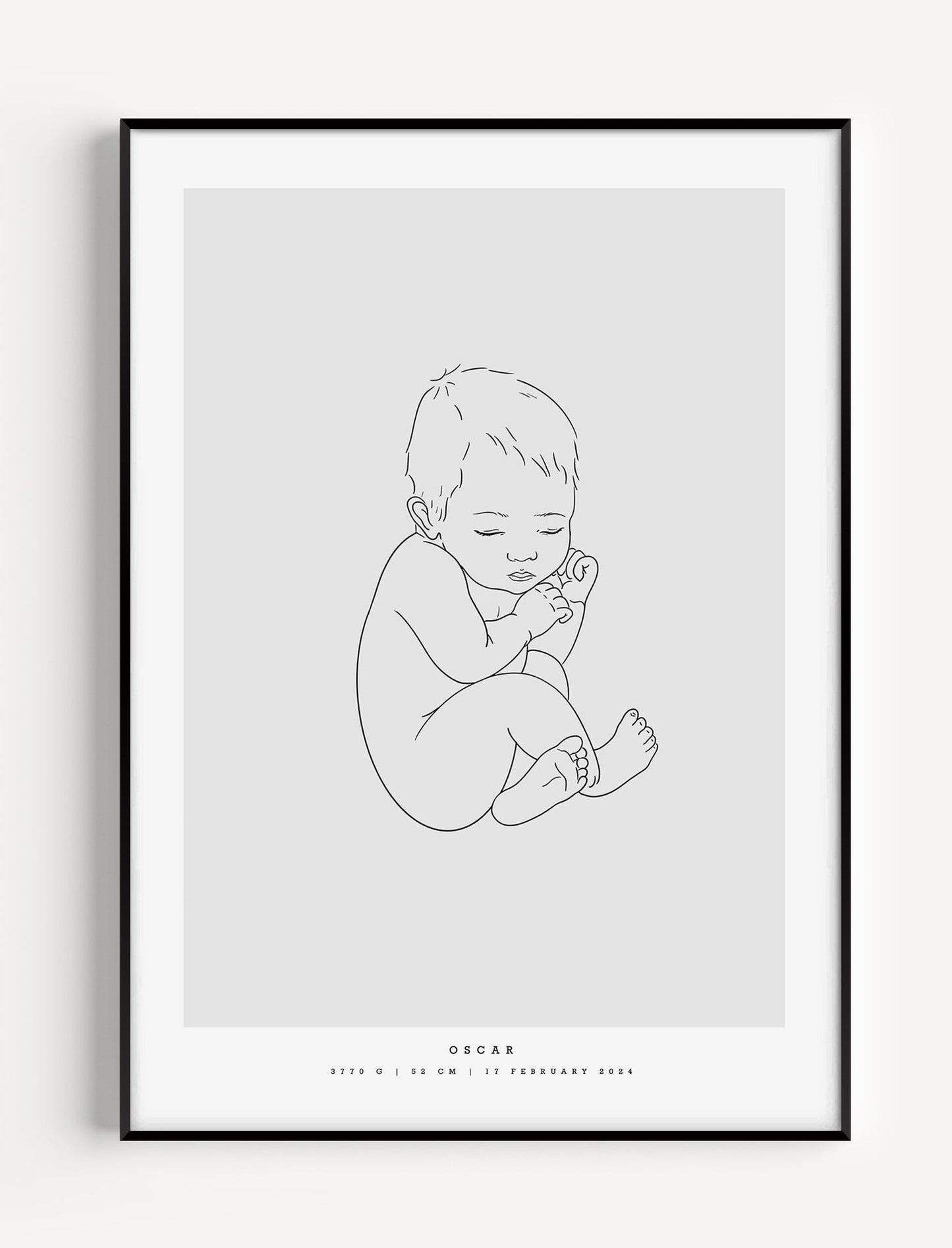 Minimalist personalized birth poster with baby illustration scaled to newborn length – minimalistisk personlig födelsetavla bebis