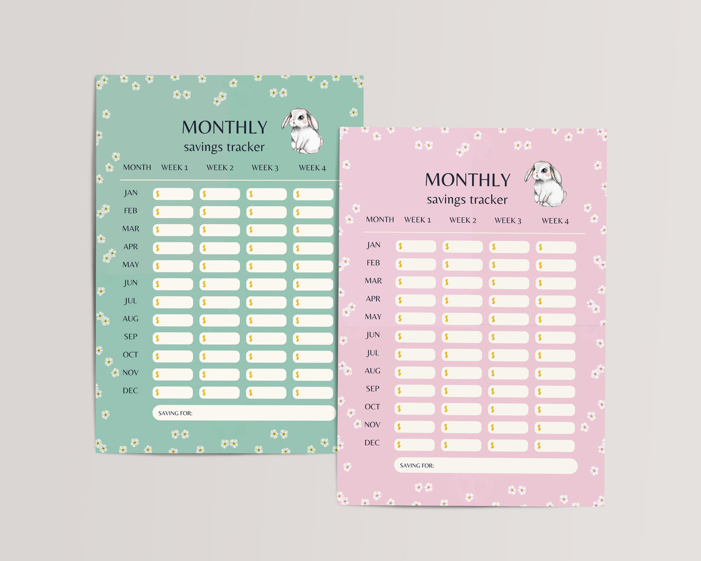 Monthly Savings Tracker Printable for Kids with cute bunny and floral design – 4 boxes per month with “Savings For” section, digital PDF download