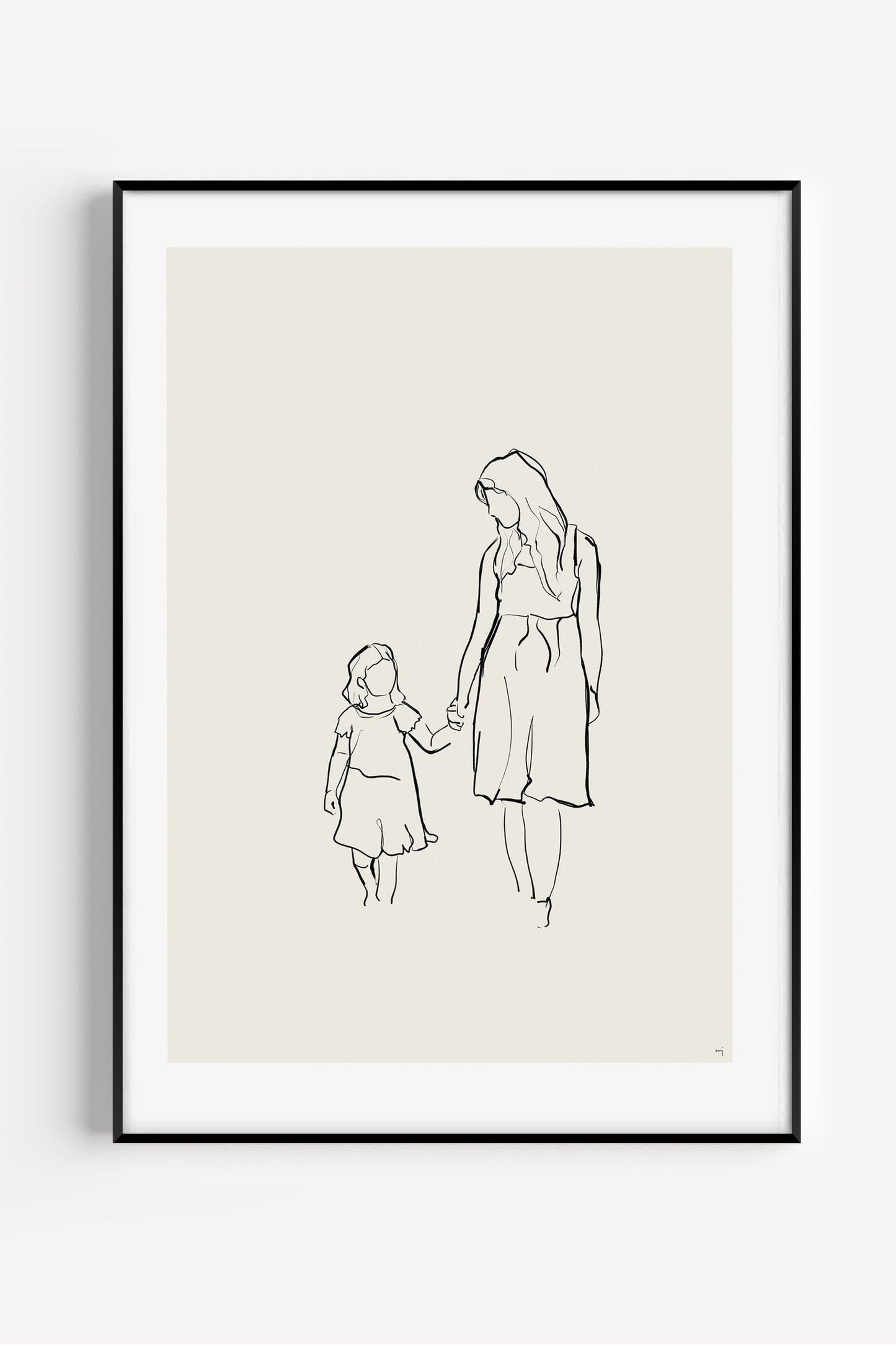 Mother and daughter holding hands in a custom arty line art portrait, faceless minimalist illustration from photo