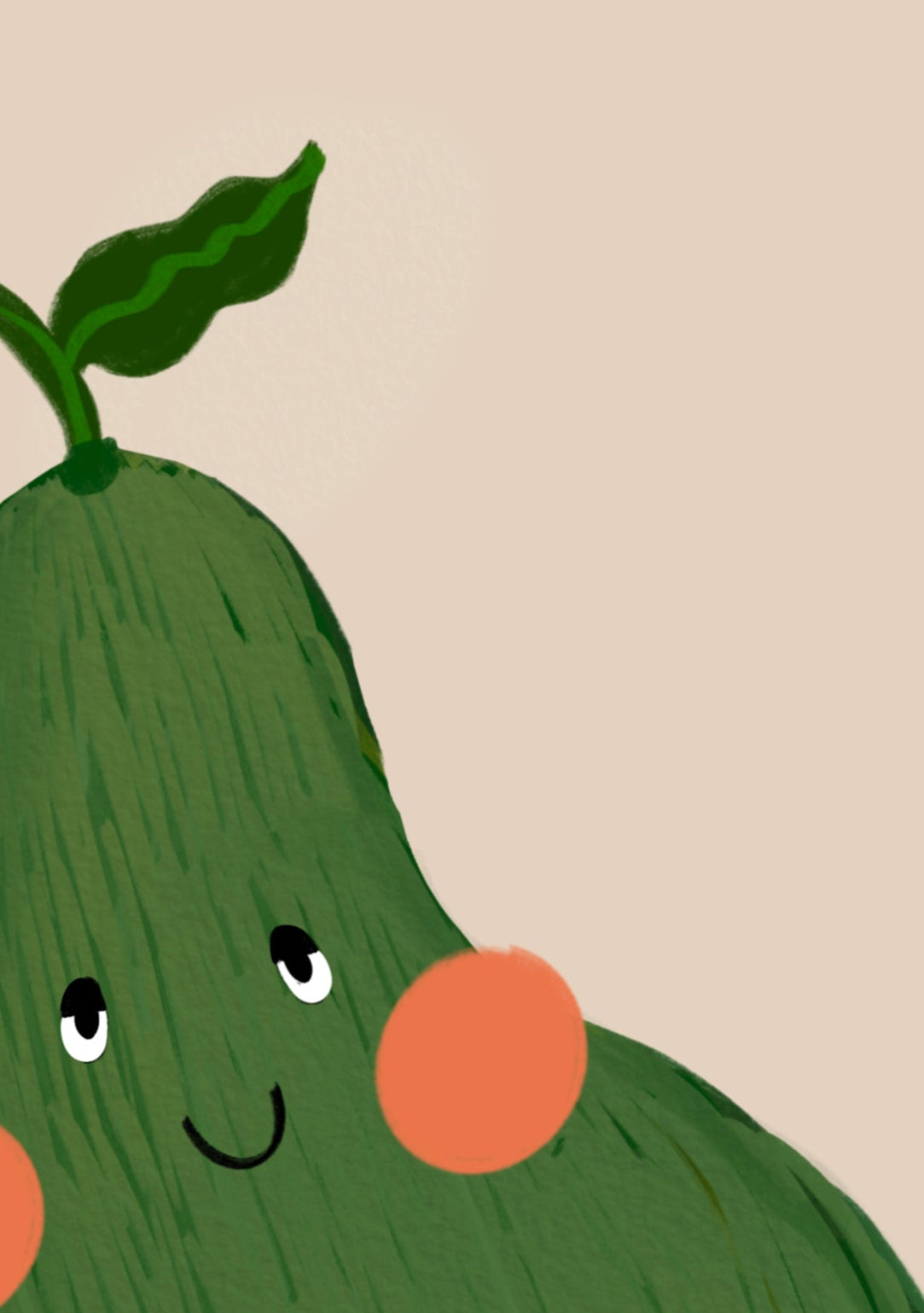 Close-up of smiling pear illustration showing soft textures and hand-drawn details – calming and playful kids' wall art for nursery or playroom