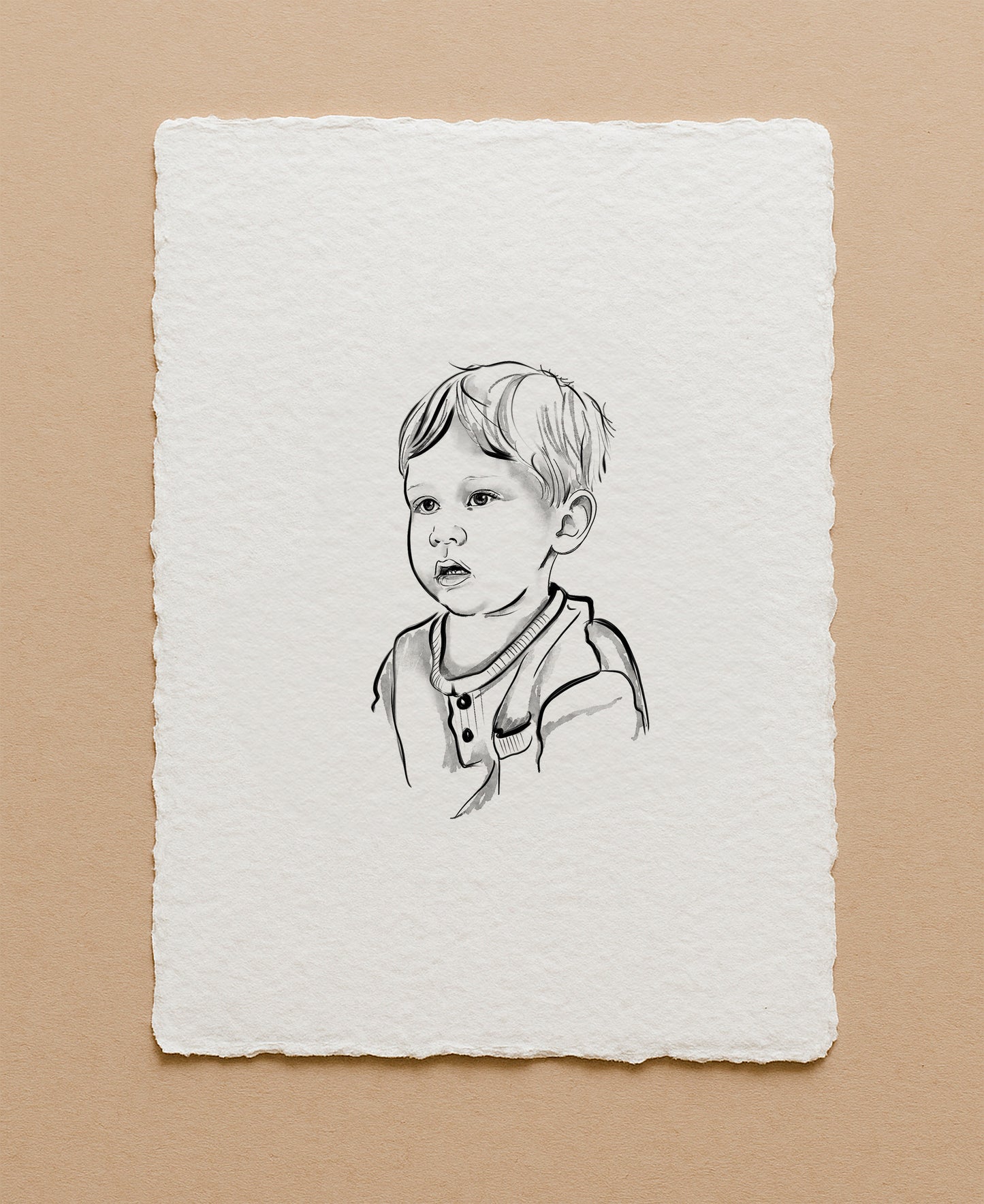 Handmade cotton paper featuring a personalized portrait with fine details and natural texture.