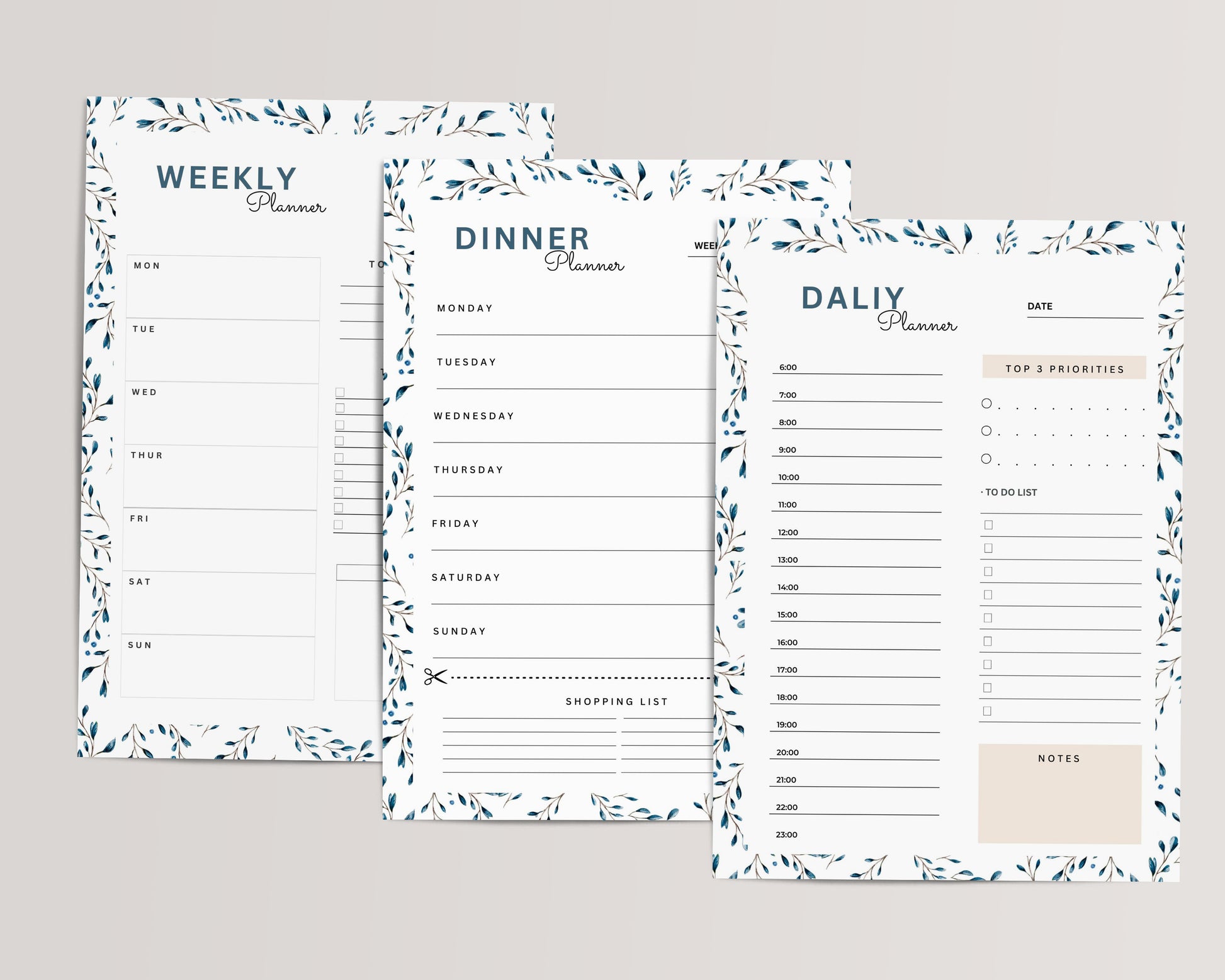 Planner Bundle Printable – Weekly Planner, Daily Planner with To-Do List, and Dinner Planner with grocery list – digital PDF download for productivity and organization