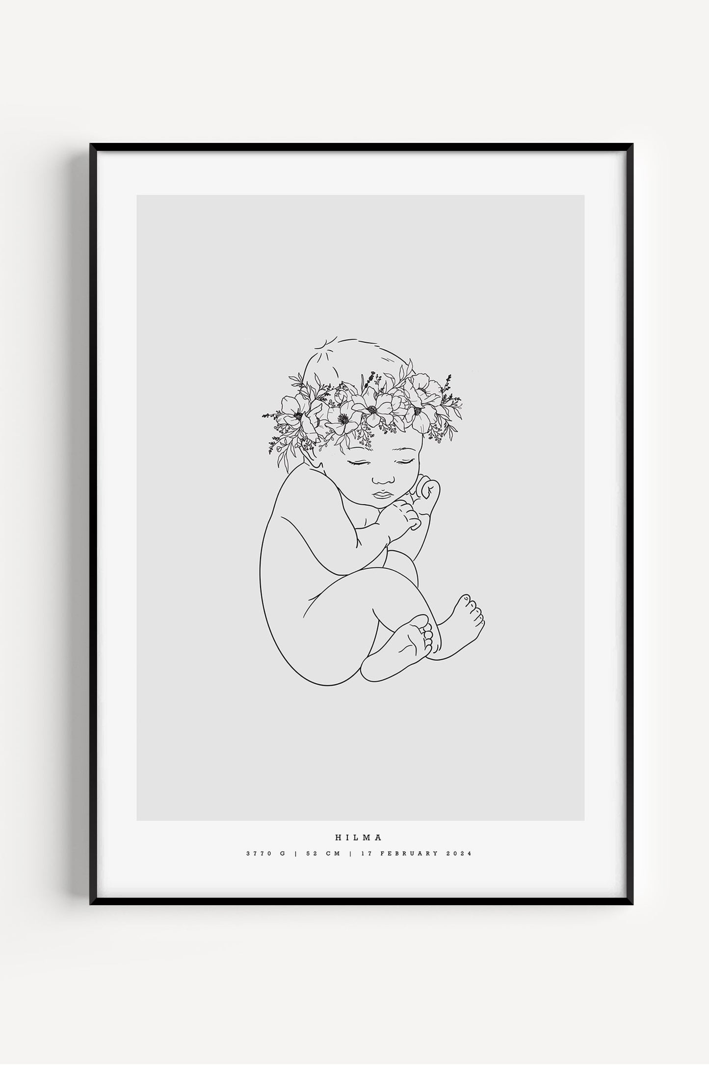 Single baby birth poster featuring newborn with floral crown in 1:1 scale, generic design
