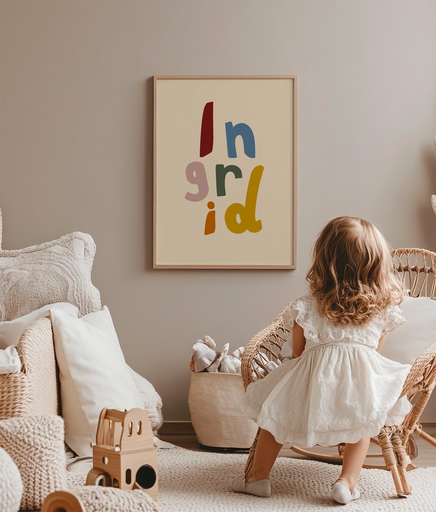 Vibrant custom name poster for nursery or kids room, colorful design personalized with the name Ingrid, fun wall art for girls and boys.