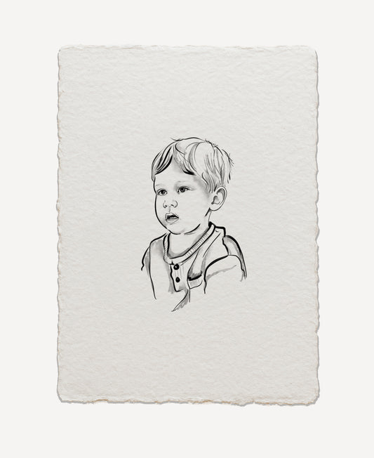 Handmade cotton paper featuring a custom drawn portrait with fine details and natural texture. vintage and heriloom style