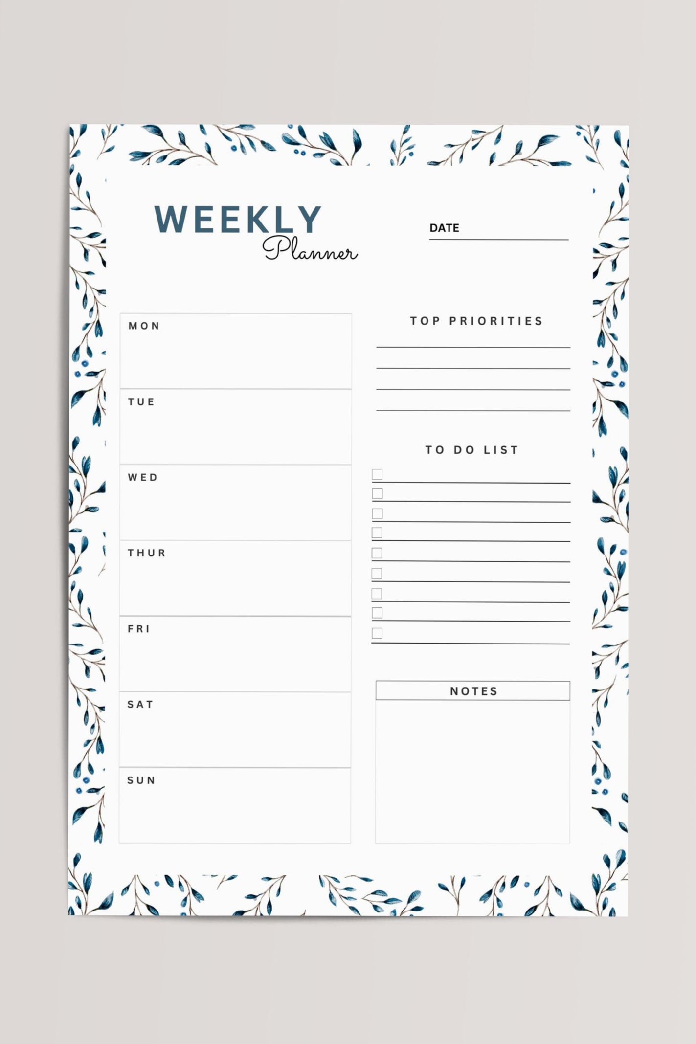 Weekly Planner Printable – Goal of the Week, Top Priorities & To-Do List, digital PDF download, printable planner for home or office