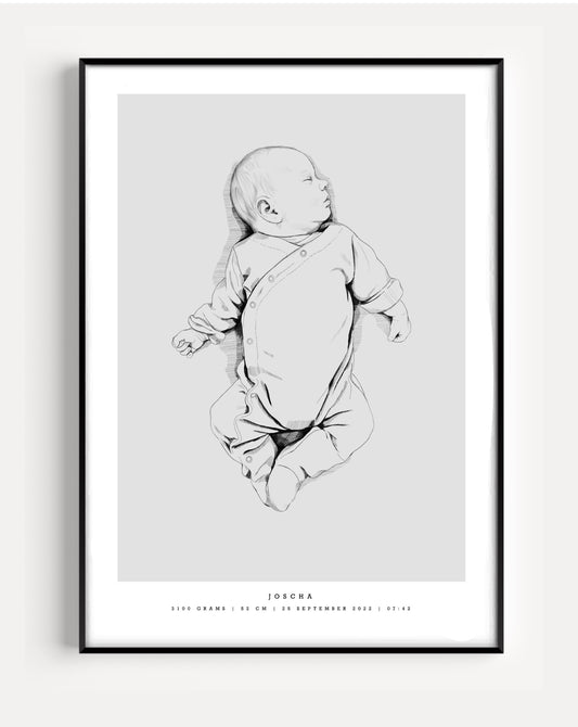 Drawn birth poster scale 1:1 med grå bakgrund