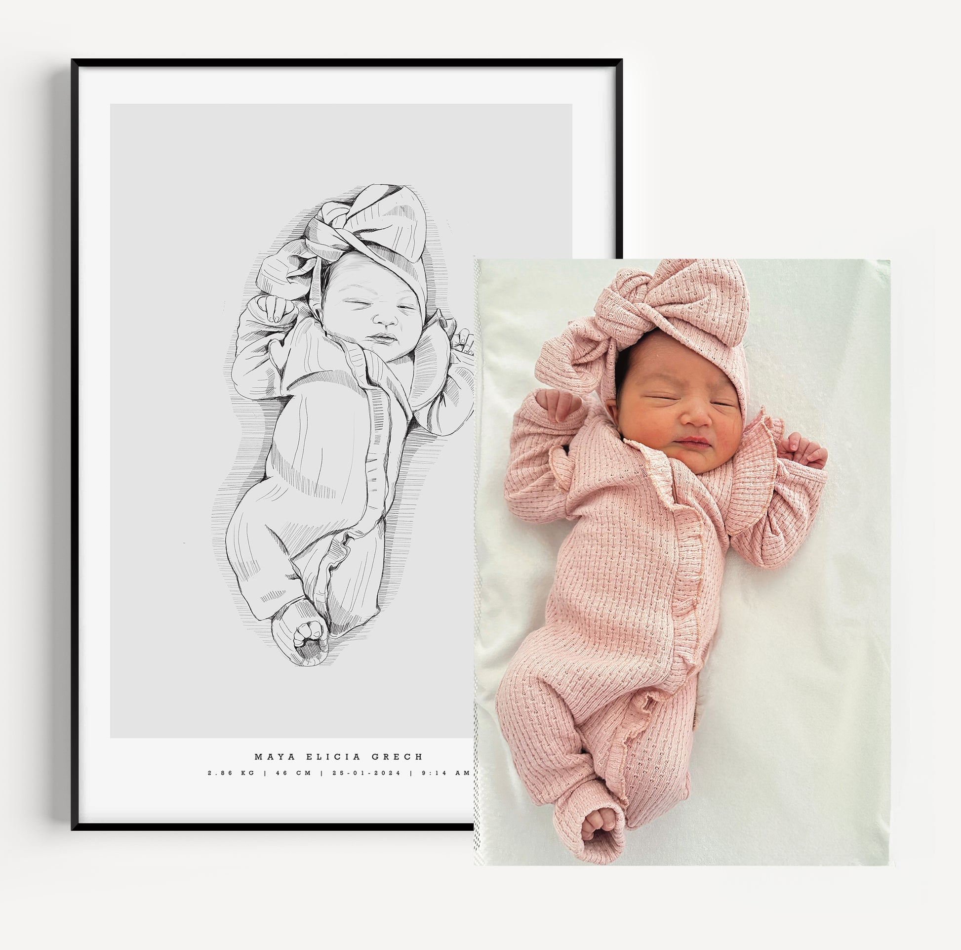 Detaljerad personlig handritad födelsetavla i skala 1:1 med namn och födelsedatum / Detailed 1:1 scale hand-drawn custom birth poster with name and birthdate