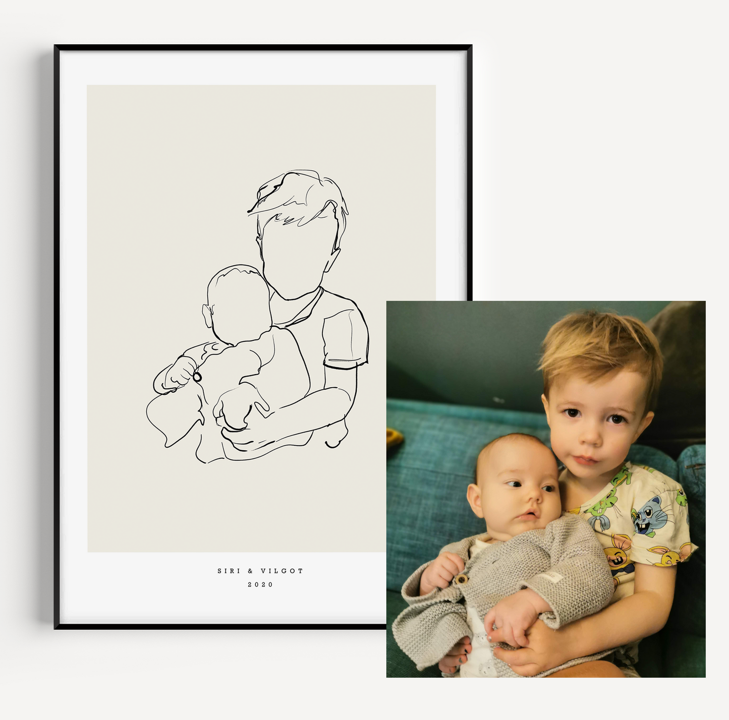Arty line art porträtt före och efter, handritat från fotografi av Tilda / Arty line art portrait before and after, hand-drawn from photo by Tilda, minimalist custom illustration, personalized artwork