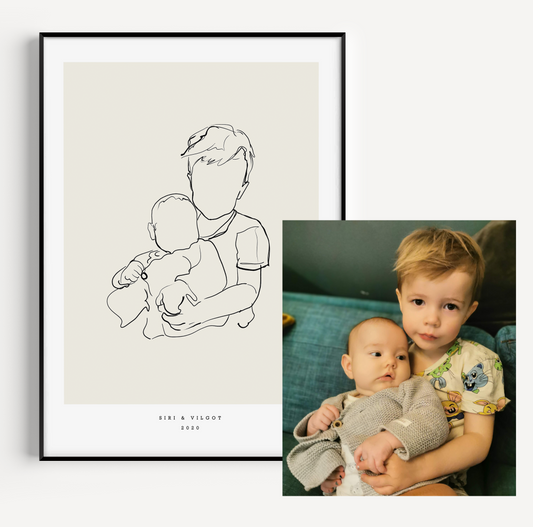 Arty line art porträtt före och efter, handritat från fotografi av Tilda / Arty line art portrait before and after, hand-drawn from photo by Tilda, minimalist custom illustration, personalized artwork