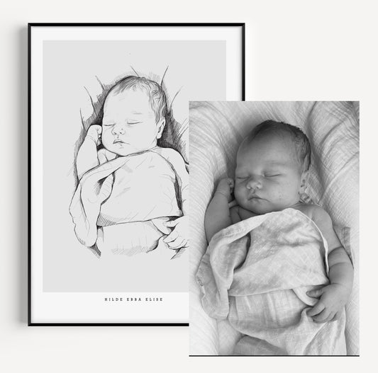 Exempel på mindre handritad födelsetavla, före och efter färdigställande / Example of a small hand-drawn birth poster, before and after completion