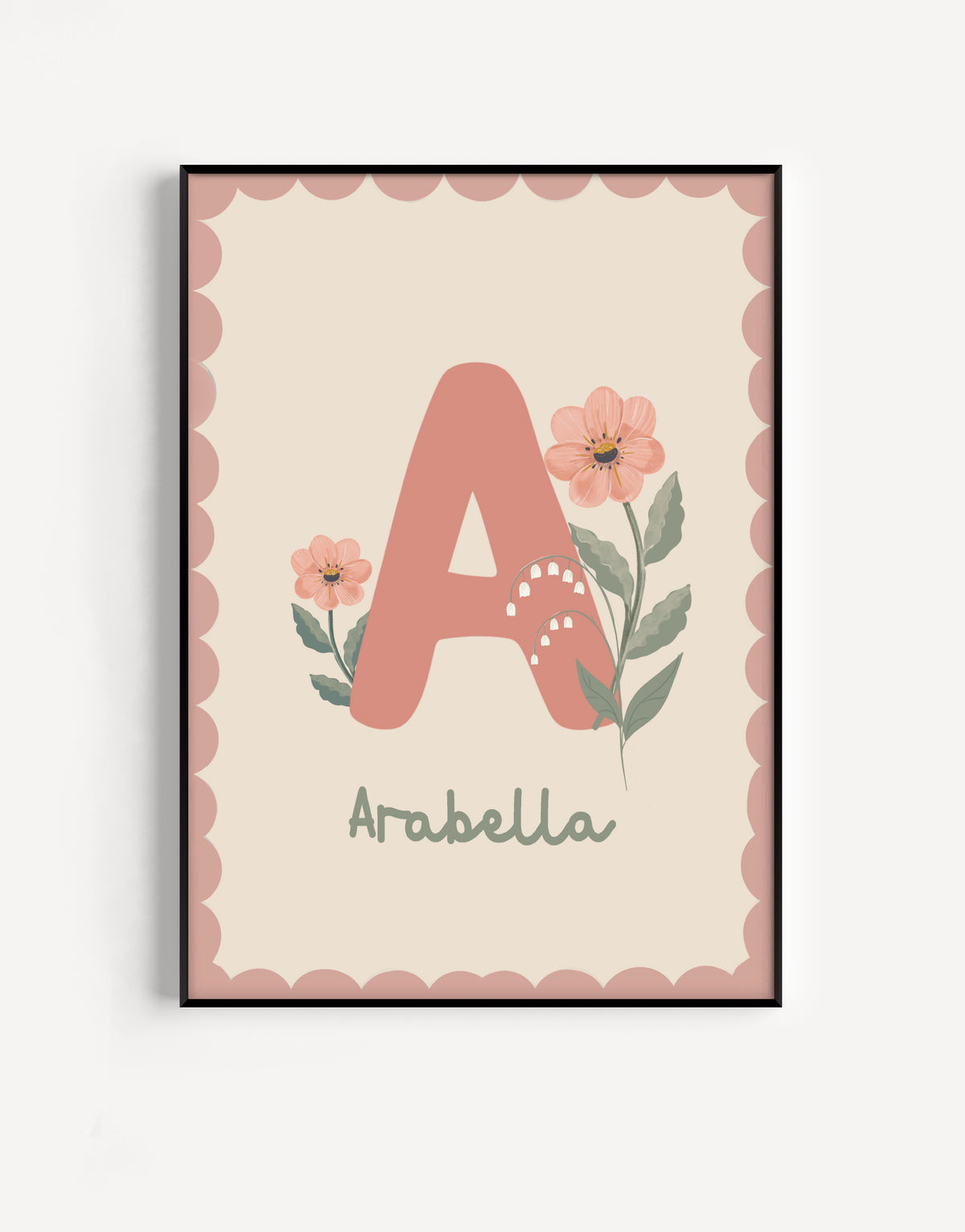 Personalized name poster with a hand-drawn floral initial in soft dusty rose and pink tones