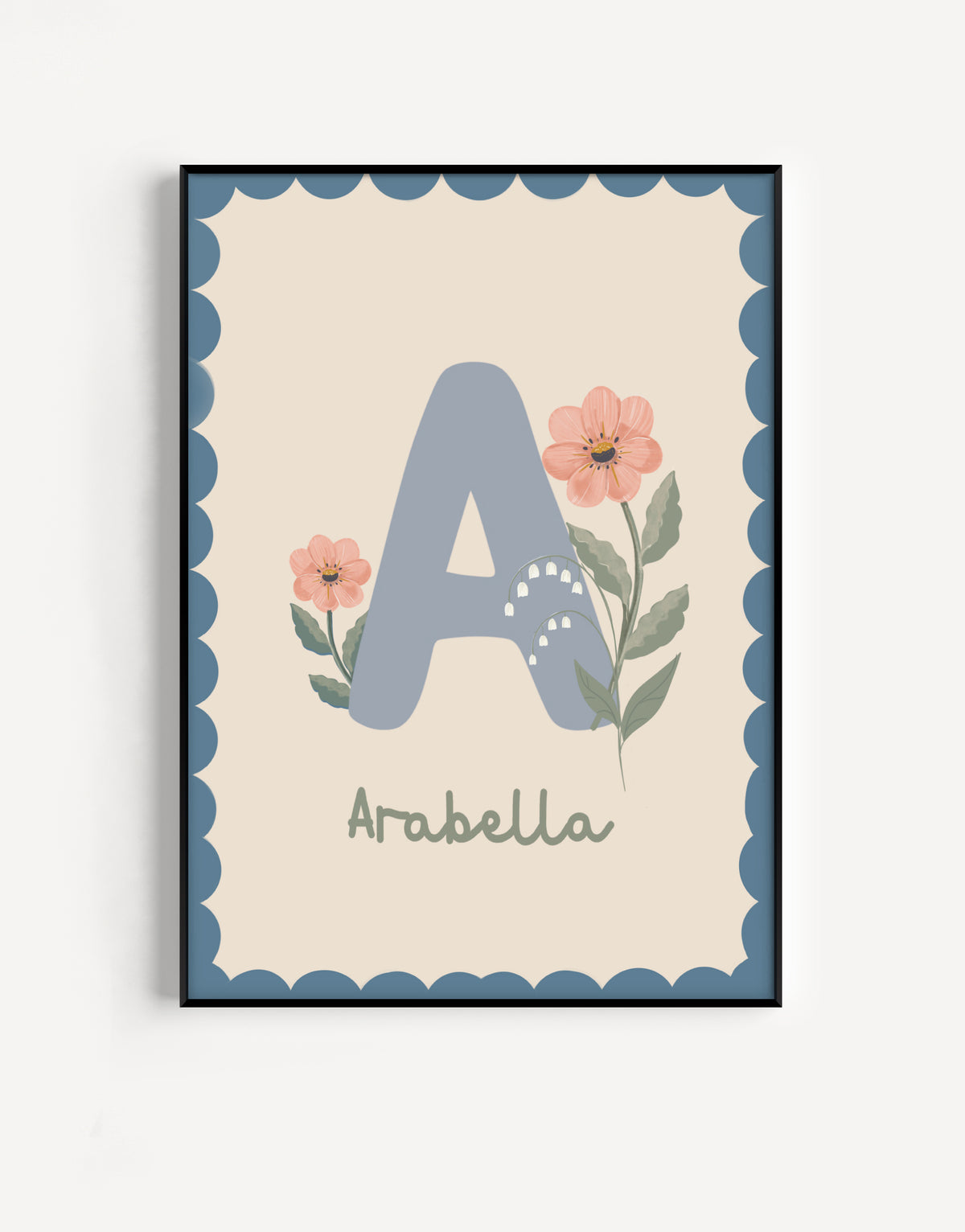 Personalized name poster with a hand-drawn floral initial in soft powder blue tones