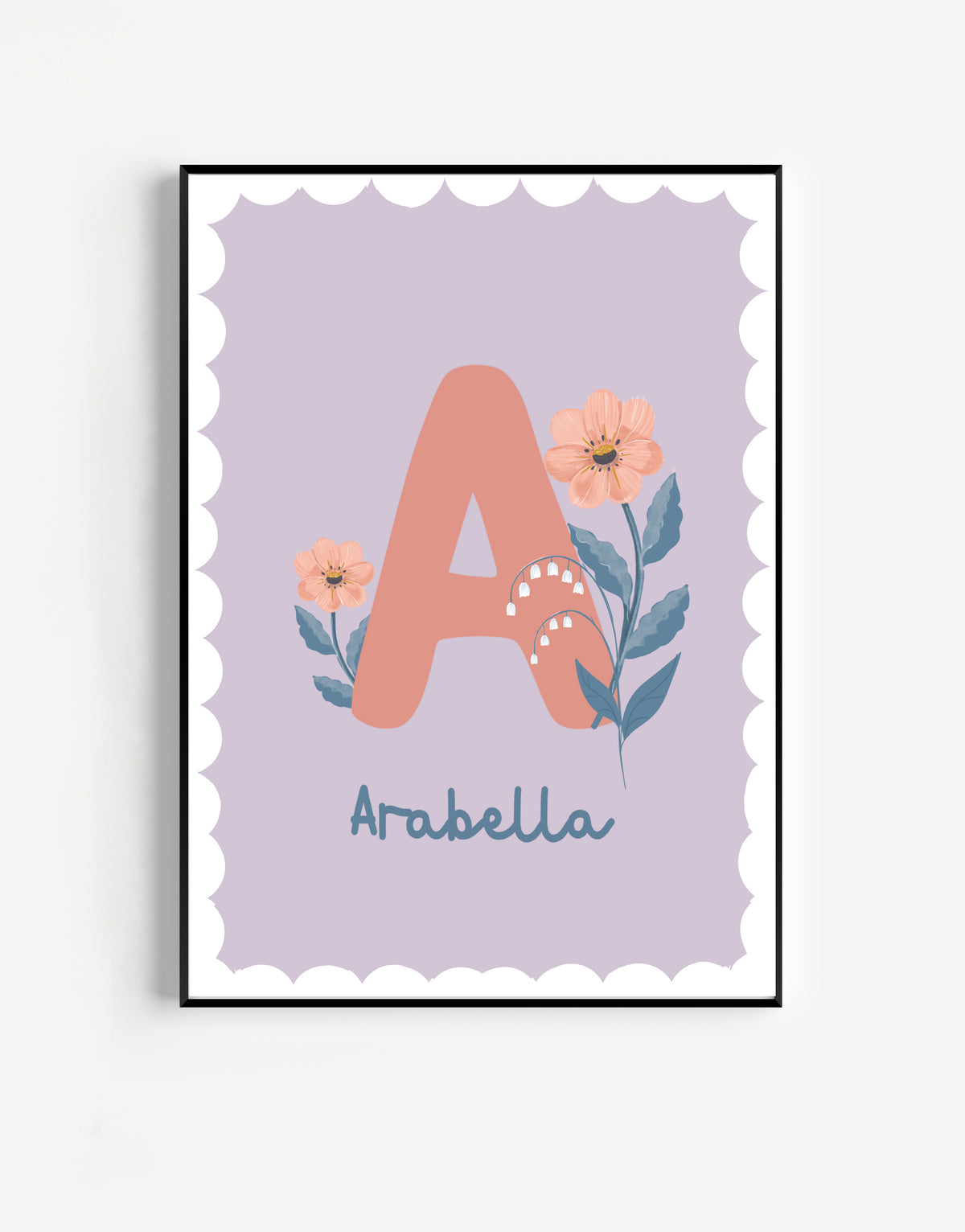 Personalized name poster with a hand-drawn floral initial in soft lilac and purple tones