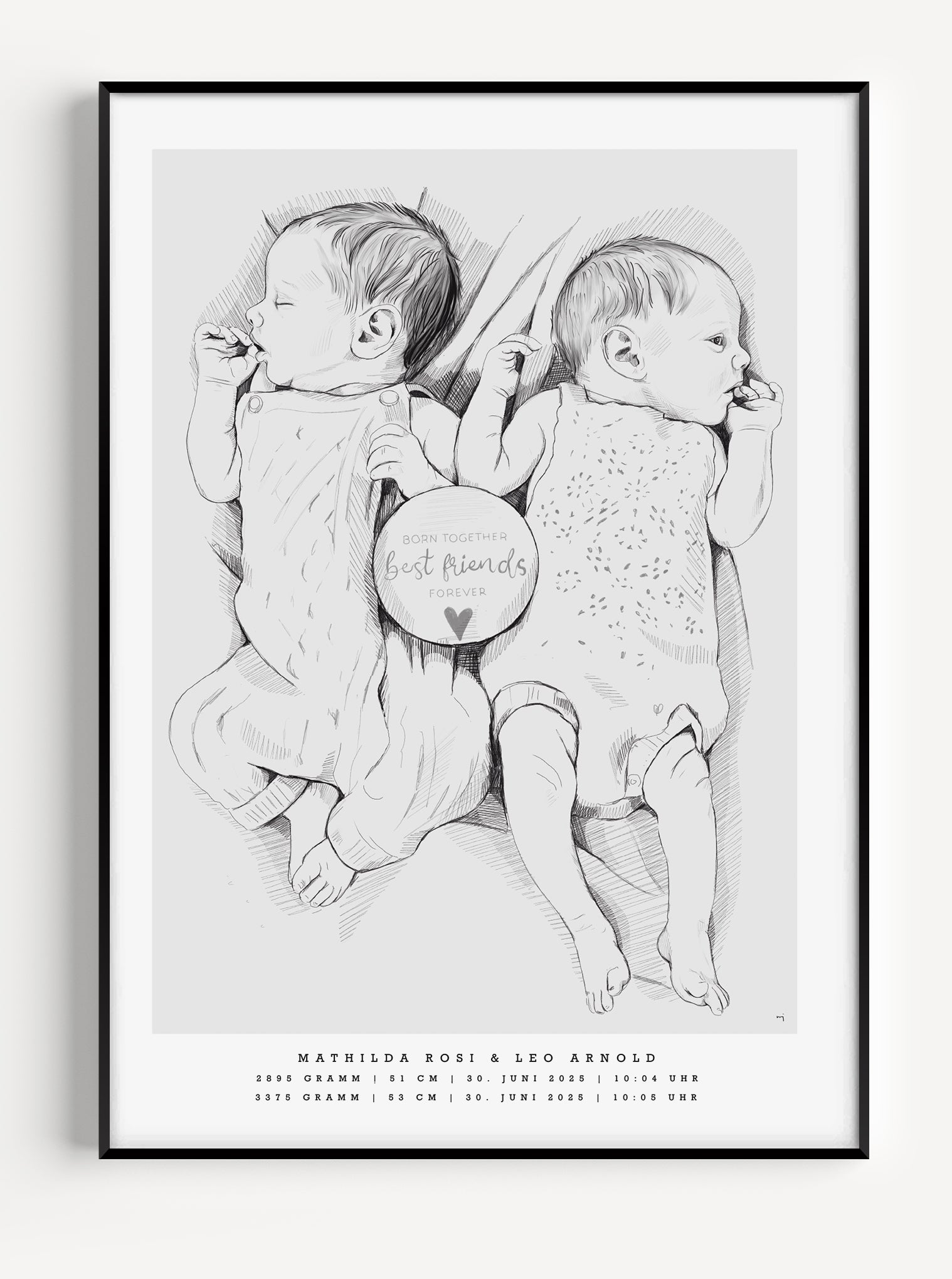 Tvillingar födelsetavla skala 1:1, handritad från fotografi av Tilda med namn och födelsedatum / Twin birth poster 1:1 scale, hand-drawn from photo by Tilda, personalized illustration with names and birth details