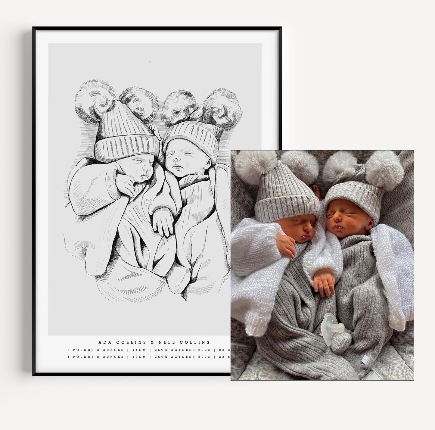 Tvillingposter med två handritade födelsetavlor med namn och födelsedatum / Twin posters with two hand-drawn birth posters featuring names and birthdates