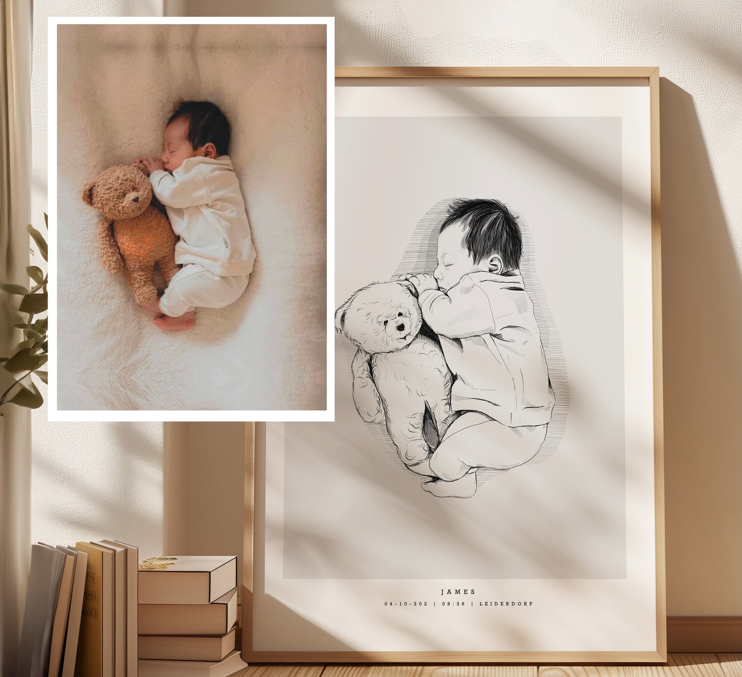 Comparison of a newborn baby photo and a hand drawn birth poster by Tildas Birth Posters. Personalized artwork showing the baby’s features in a unique illustration.