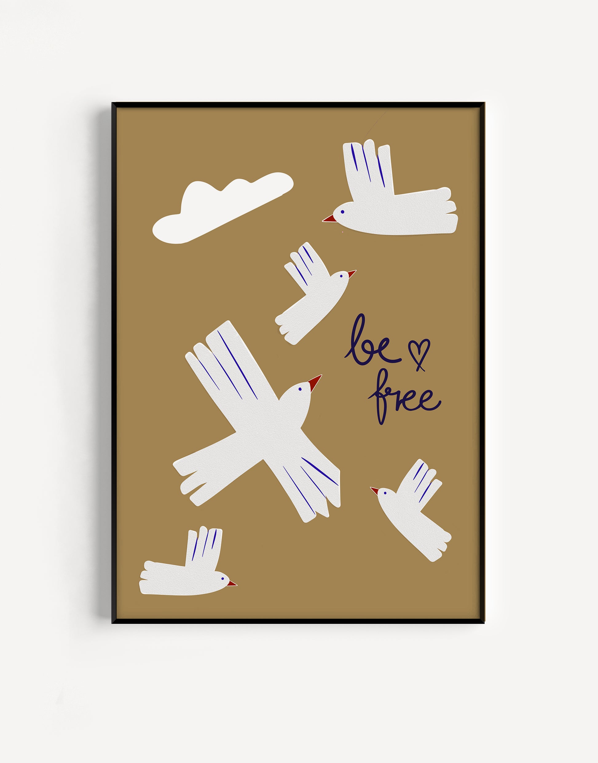 Be Free nursery poster with playful flying birds on a mustard yellow background for a modern kids’ room.