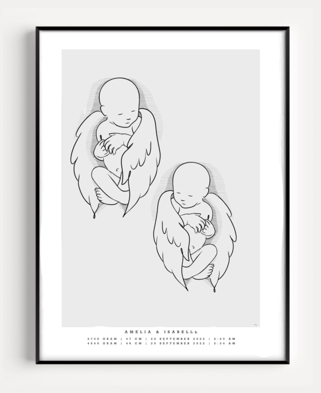 Illustration of two angel babies with delicate wings, featured on a birth poster, the birth poster