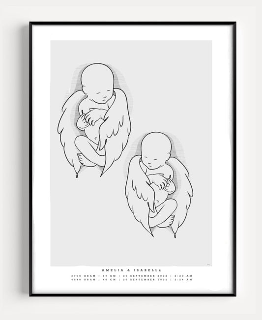 Illustration of two angel babies with delicate wings, featured on a birth poster, the birth poster