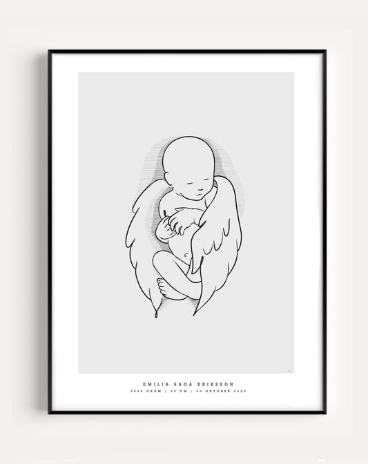 Personalized birth poster with baby angel illustration scaled to baby's birth length – personlig födelsetavla bebis ängel i naturlig storlek