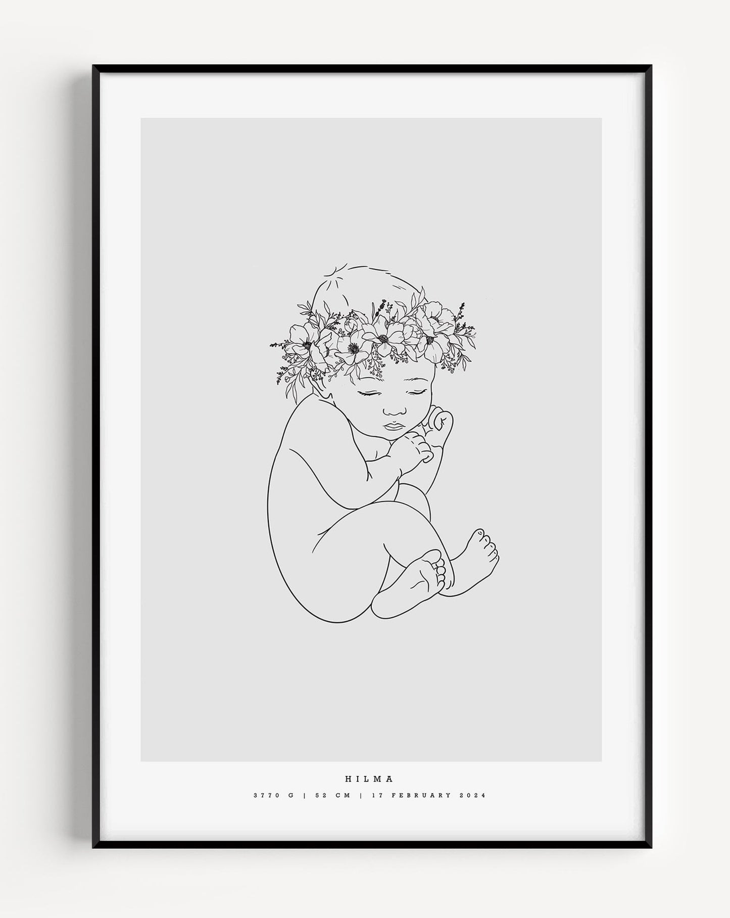 Minimalist birth poster with floral baby illustration scaled to baby's birth length – minimalistisk födelsetavla med blomkrans