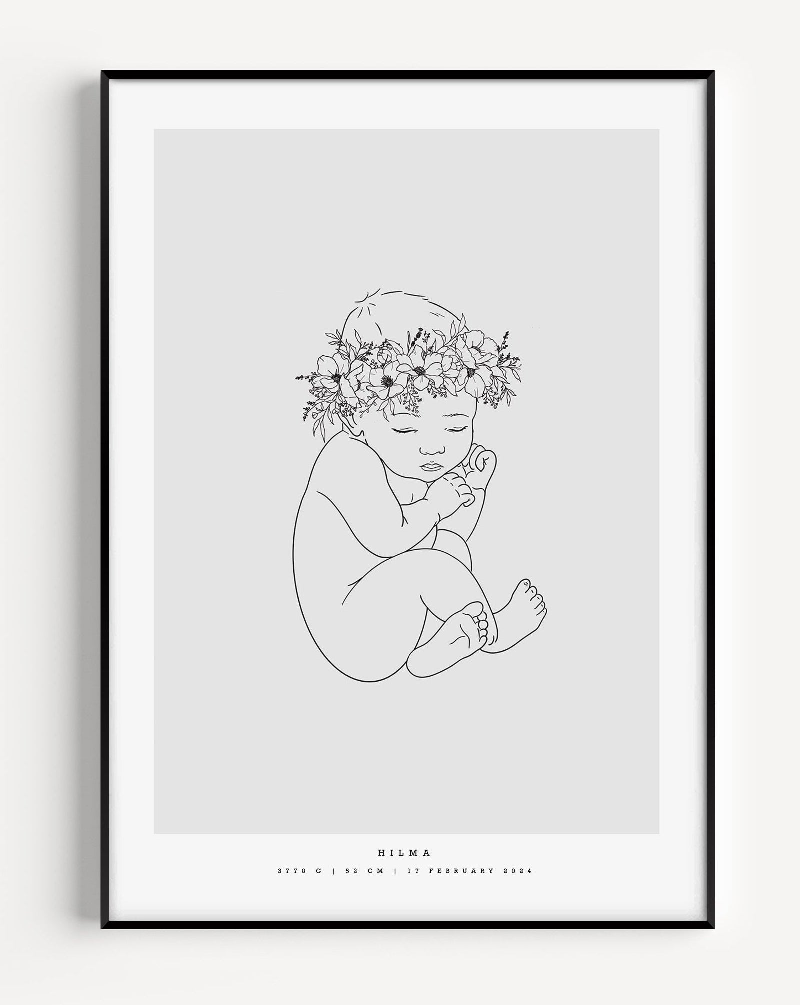 Minimalist birth poster with floral baby illustration scaled to baby's birth length – minimalistisk födelsetavla med blomkrans