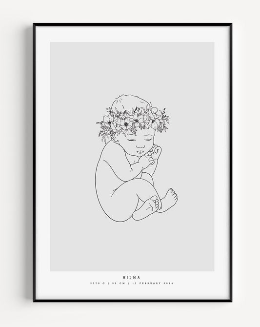 Minimalist birth poster with floral baby illustration scaled to baby's birth length – minimalistisk födelsetavla med blomkrans