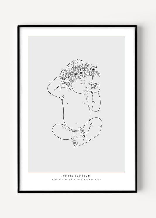 Illustration of a baby girl lying on her back with one arm raised, wearing a delicate flower crown, featured on a birth poster