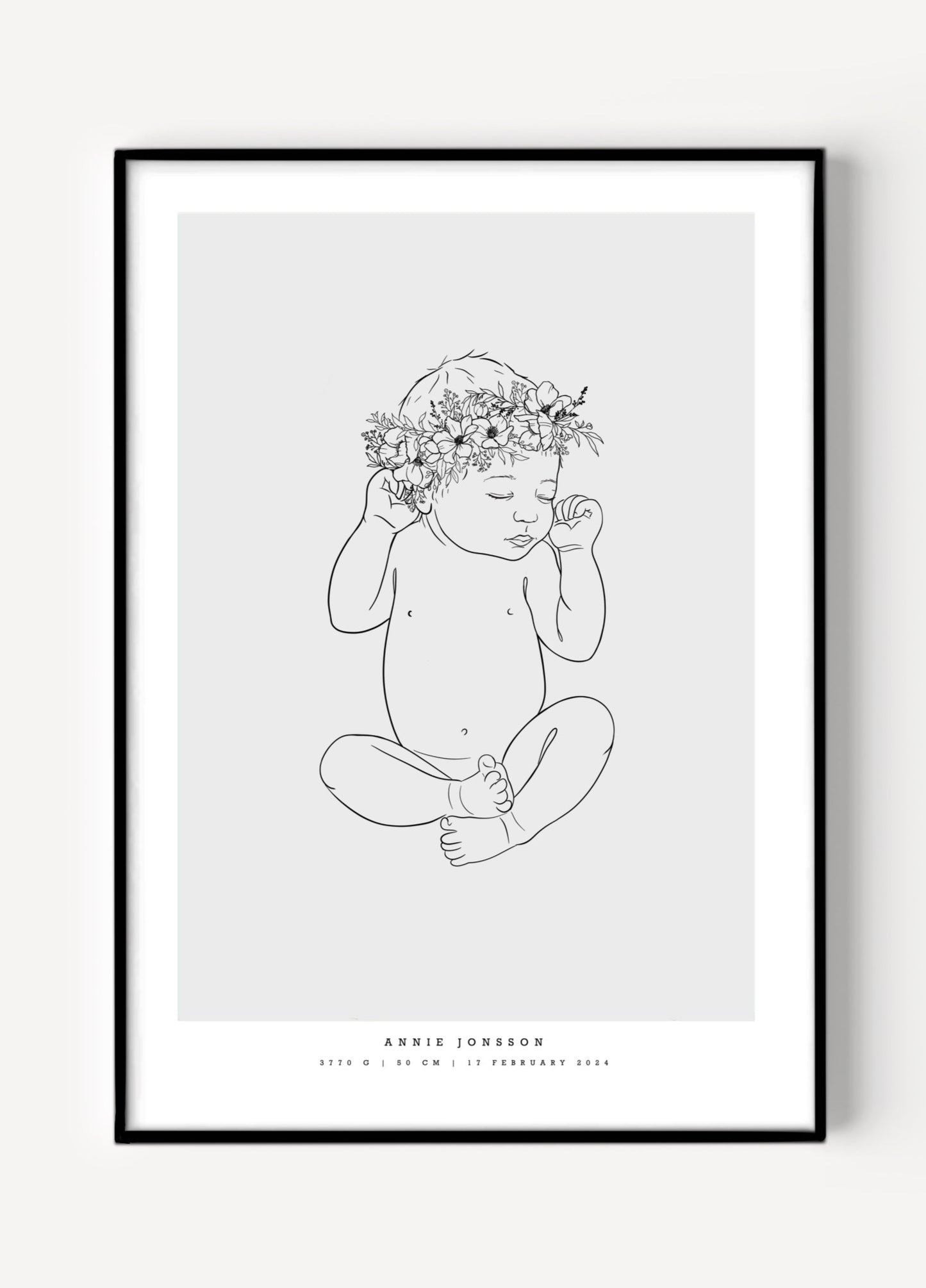 Illustration of a newborn baby lying on the back, wearing a delicate flower crown, featured on a birth poster