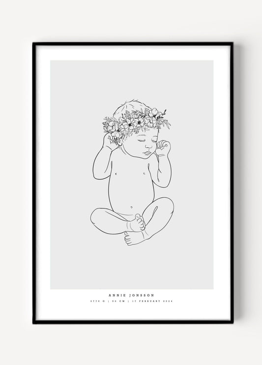Illustration of a newborn baby lying on the back, wearing a delicate flower crown, featured on a birth poster