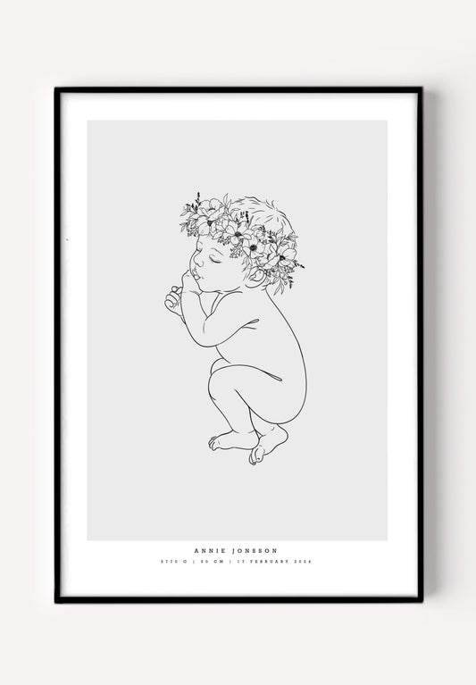 Illustration of a newborn baby lying on the side, wearing a delicate flower crown, featured on a birth poster