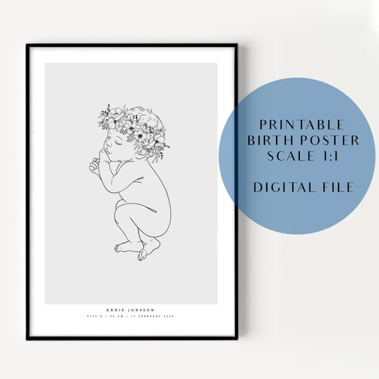 Printable birth poster illustration of a newborn baby lying on the side, designed for home printing
