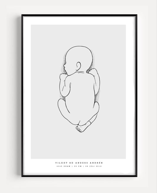Illustration of a newborn baby lying on the stomach, featured on a birth poster