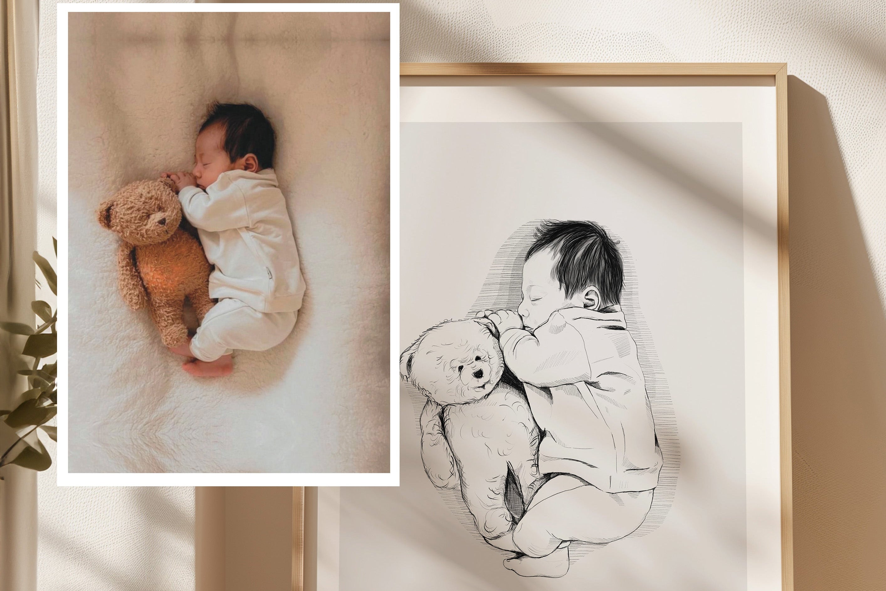 Hand-drawn birth poster of a newborn baby lying with a stuffed animal, drawn from a photo