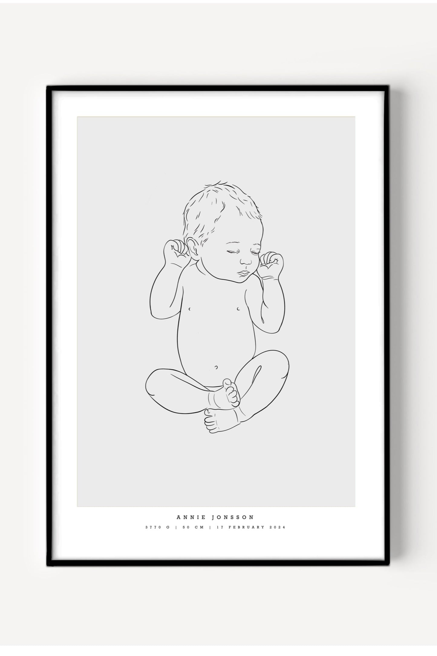 Illustration av en nyfödd bebis som ligger på rygg, använd i en födelseposter