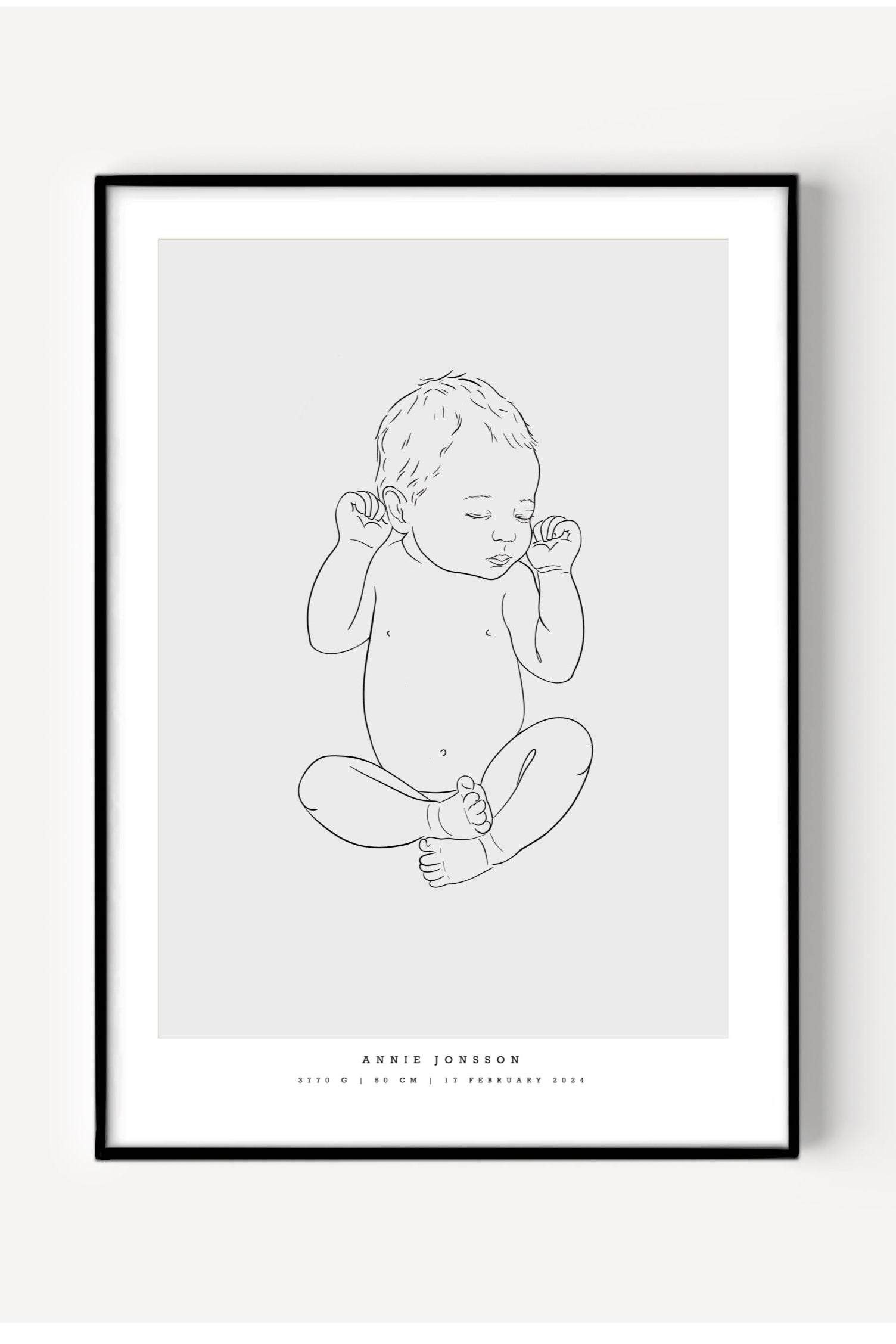 Illustration av en nyfödd bebis som ligger på rygg, använd i en födelseposter