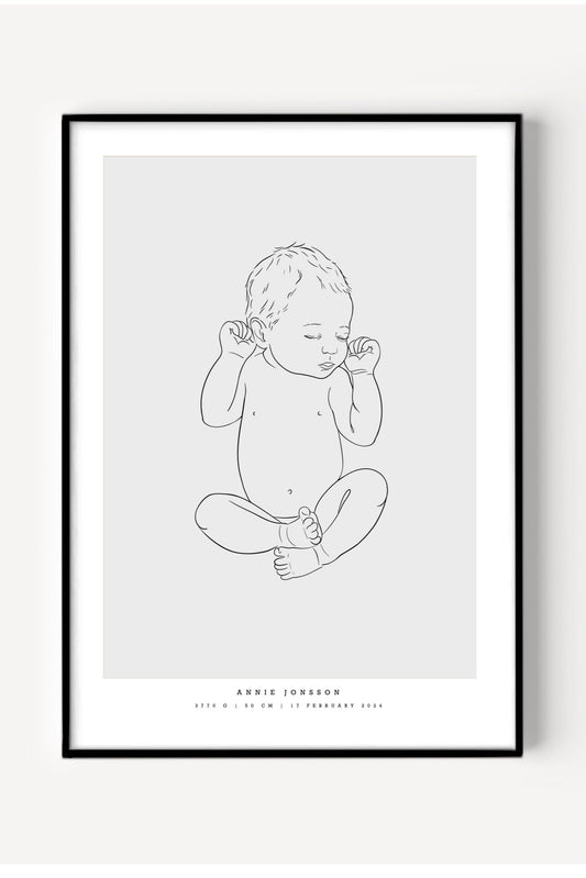 Illustration av en nyfödd bebis som ligger på rygg, använd i en födelseposter