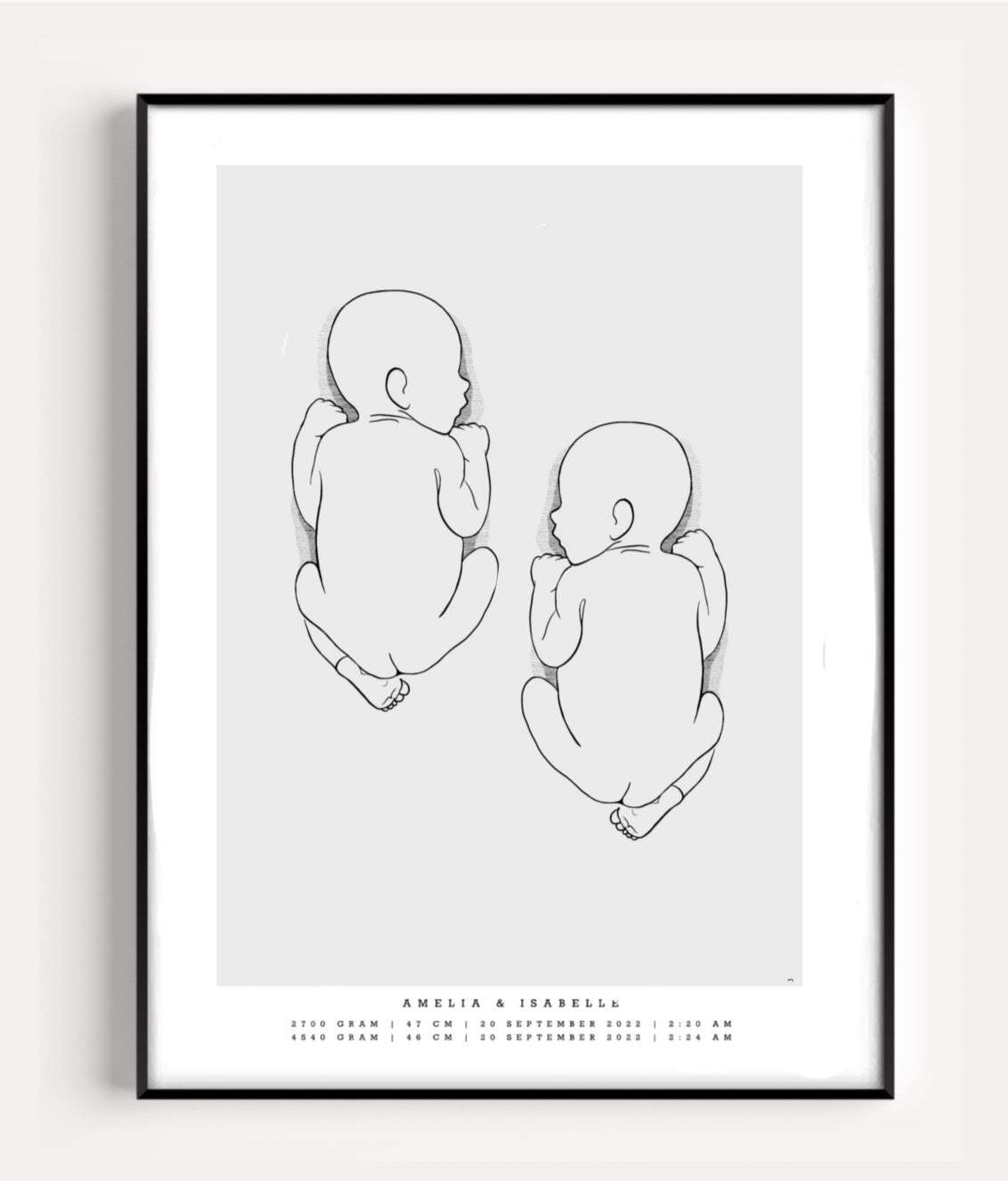 llustration of two newborn babies together, featured on a duo birth poster