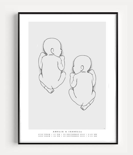 llustration of two newborn babies together, featured on a duo birth poster