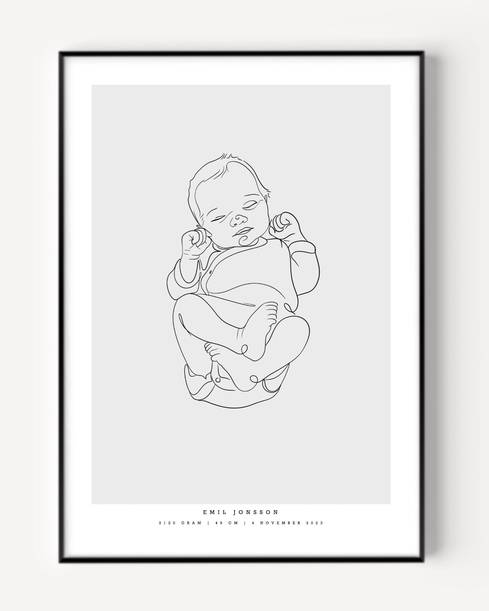 Line art illustration of a newborn baby, featured on a minimalist birth poster