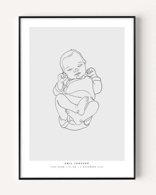 Line art illustration of a newborn baby, featured on a minimalist birth poster