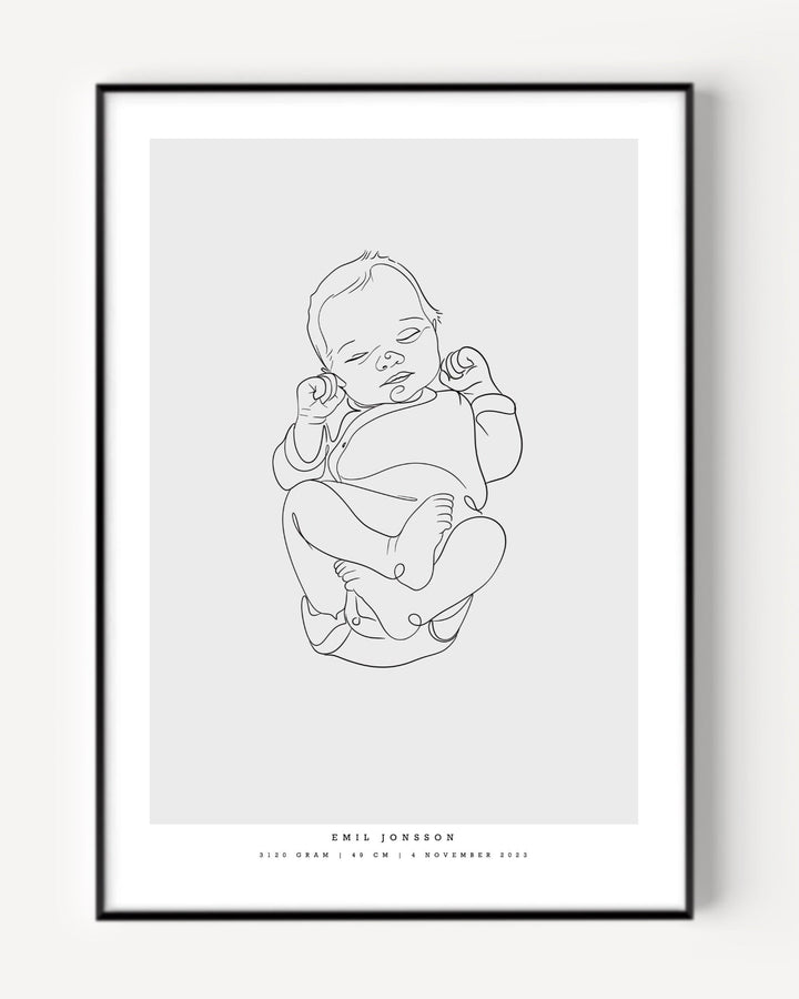 Line art illustration on a minimalist birth poster